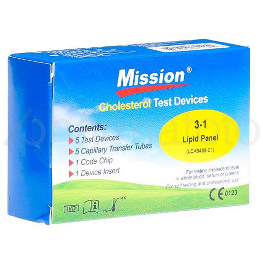Box of MISSION 3 in 1 Total Cholestersterol Test Strips with contents listed as 5 test strips for measuring cholesterol levels.