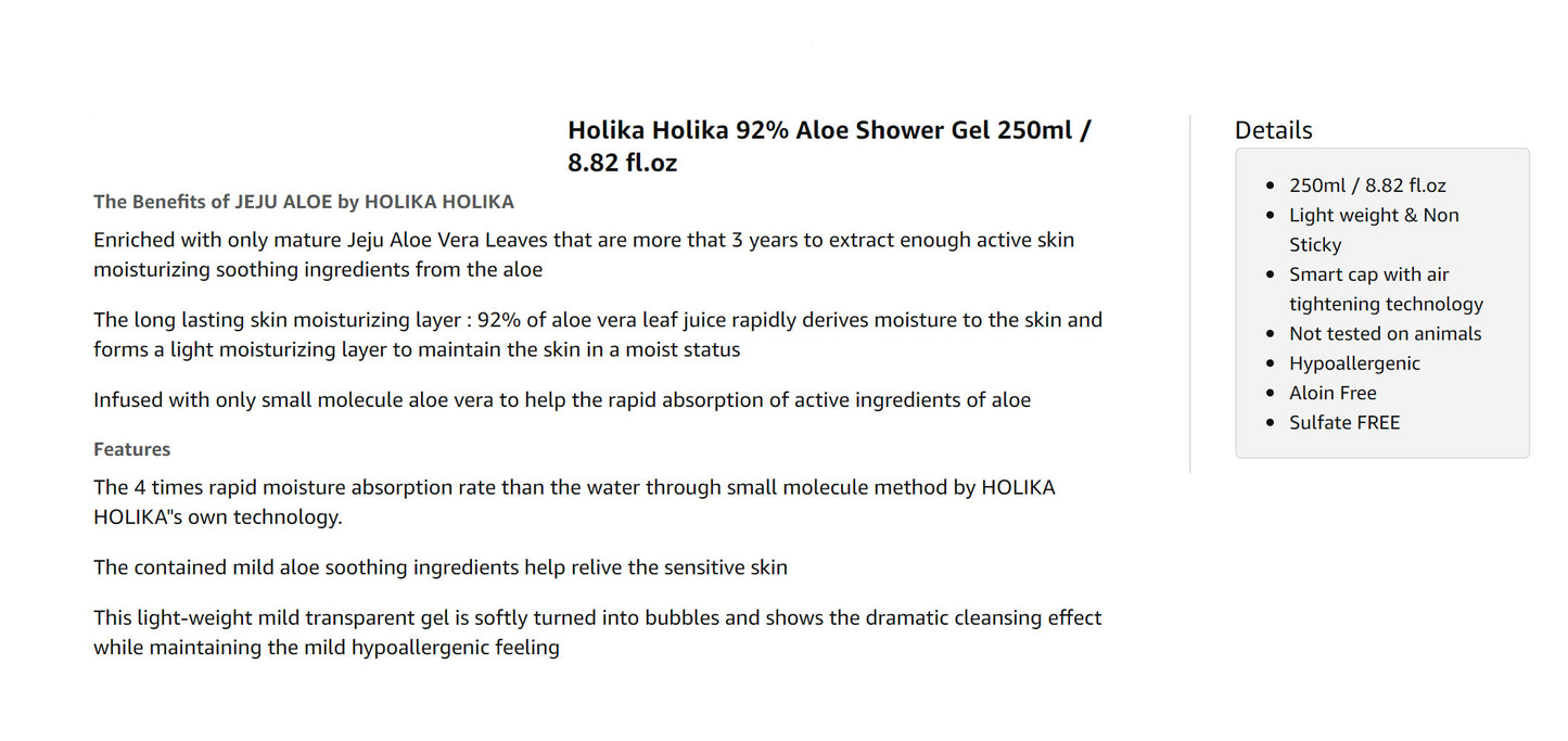Holika Aloe Vera 92% Shower Gel 250ml – Gentle & Refreshing Cleanse