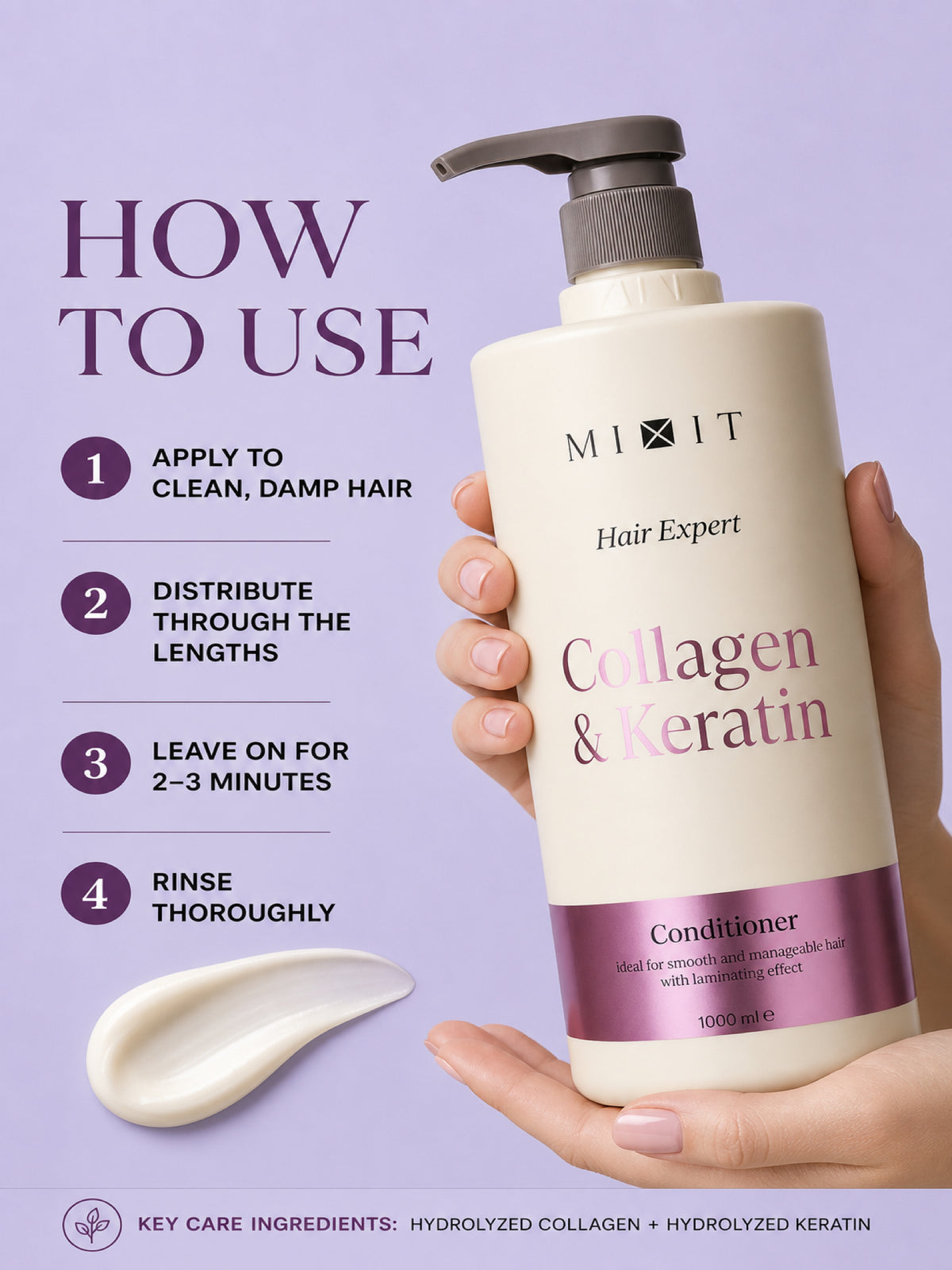 Mixit Collagen & keratin smoothing conditioner for frizzy hair with salon laminating effect 1000ml