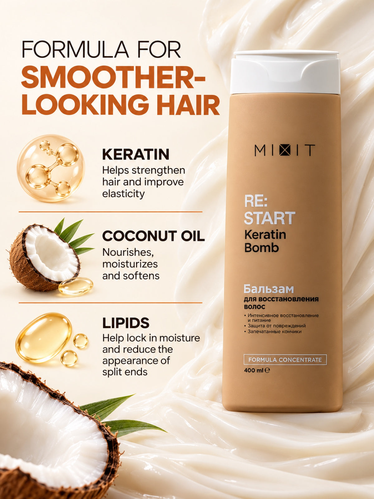 Mixit "Restart" keratin bomb instant smoothing and restoring conditioner 400ml