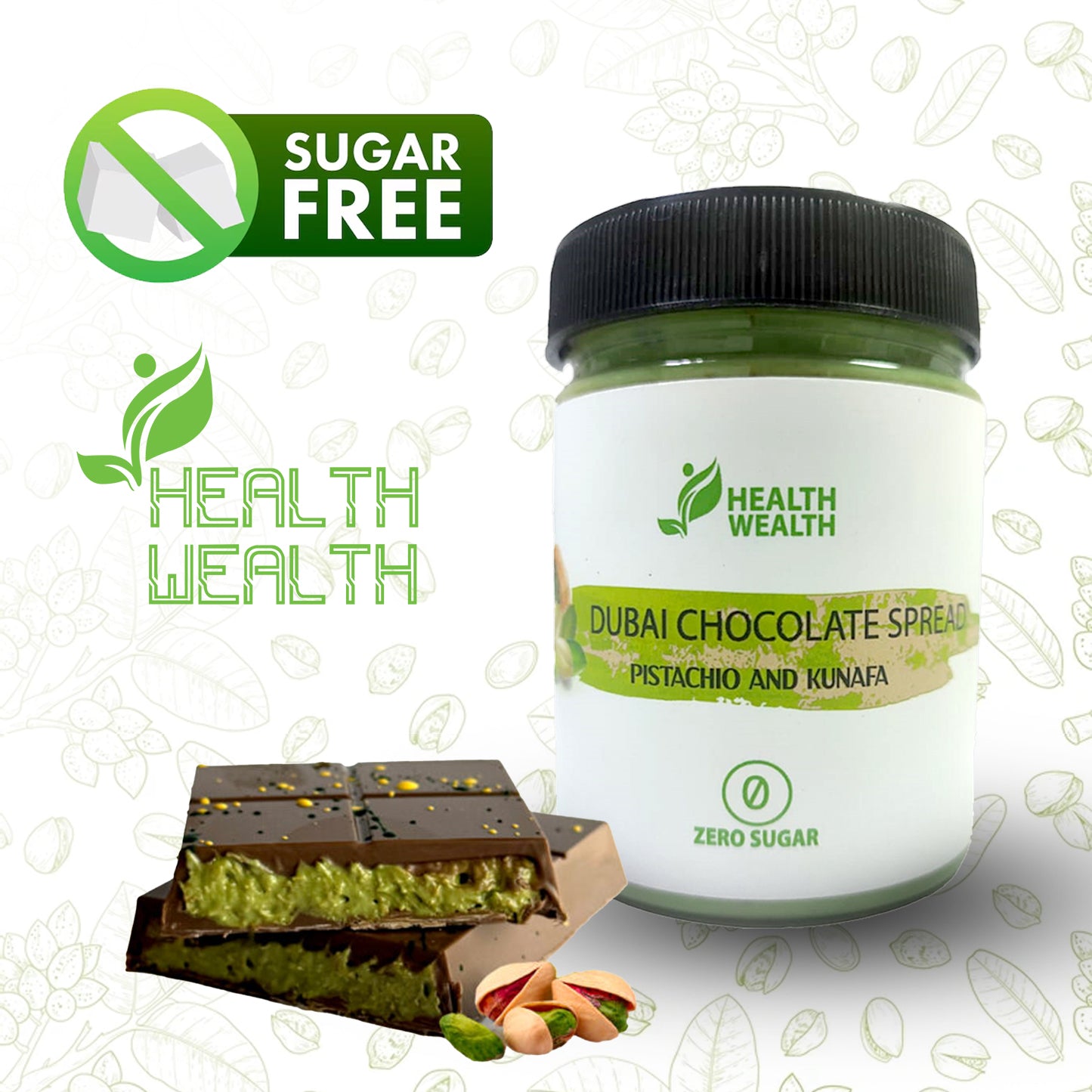 Health Wealth Dubai Chocolate Pistachio Kunafa Spread Sugar Free 200g