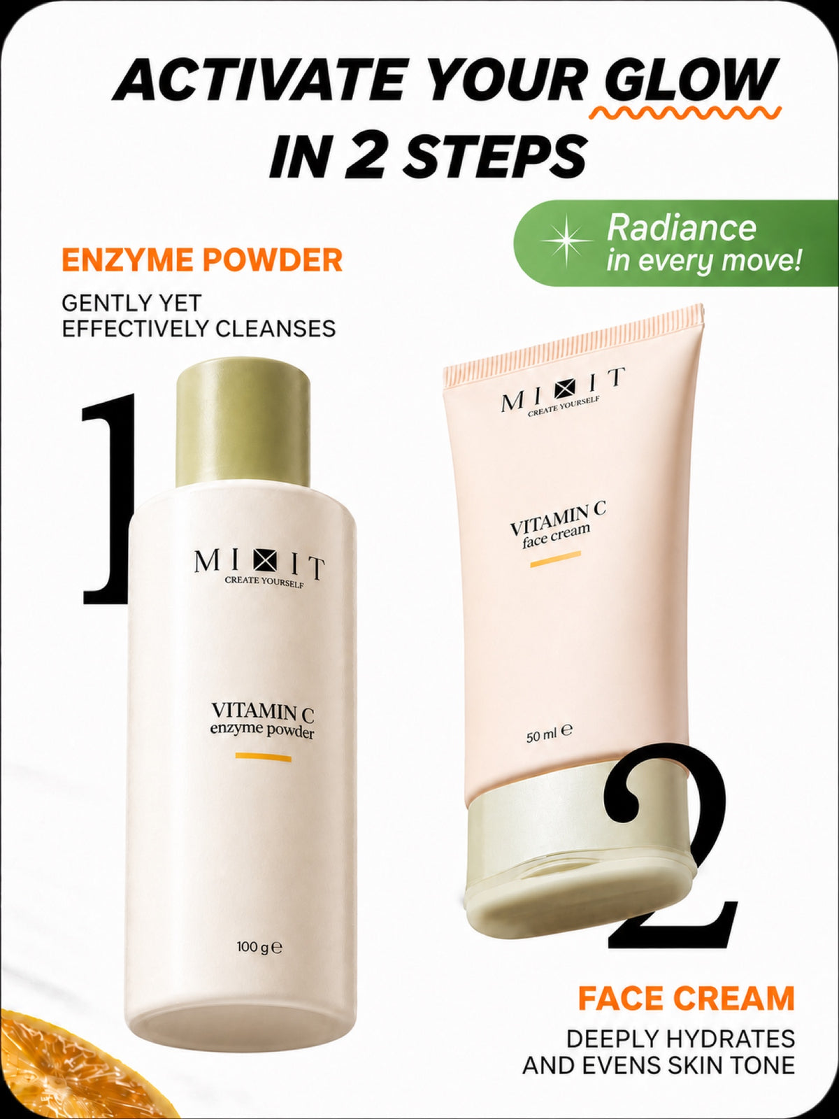 MIXIT Vitamin C Bright Glow Face Care Set, Brightening Enzyme Powder & Ultralight Cream Gift Set