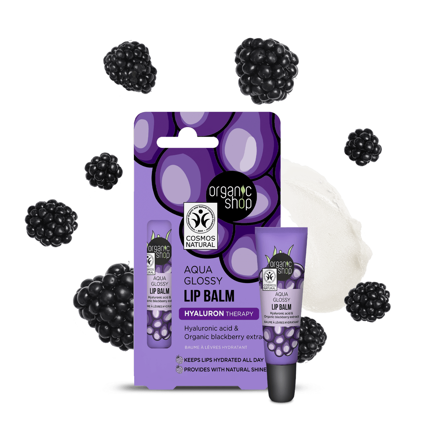 Organic Shop Aqua Glossy Lip Balm. Hyaluronic Acid & Blackberry Extract