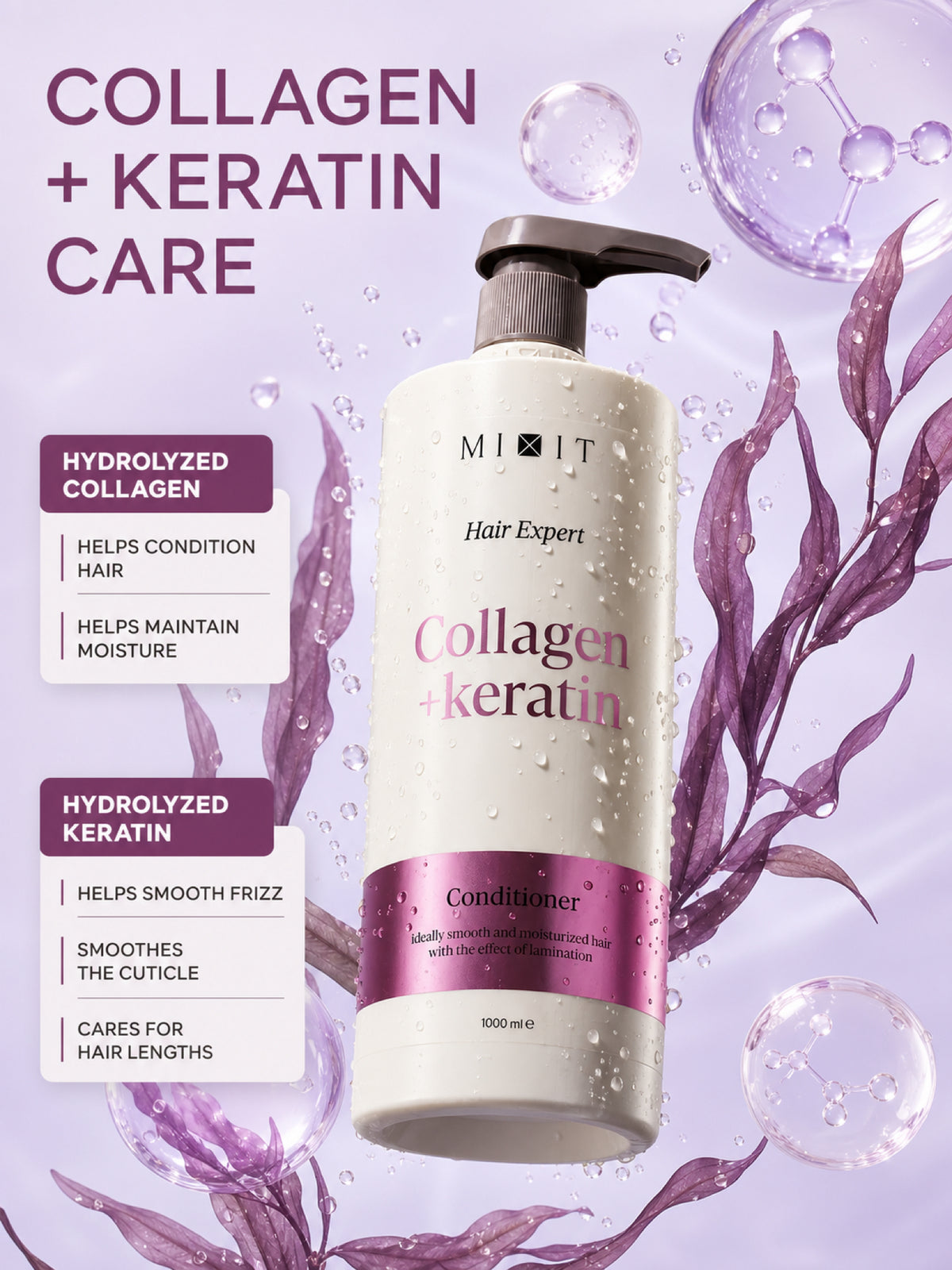 Mixit Collagen & keratin smoothing conditioner for frizzy hair with salon laminating effect 1000ml
