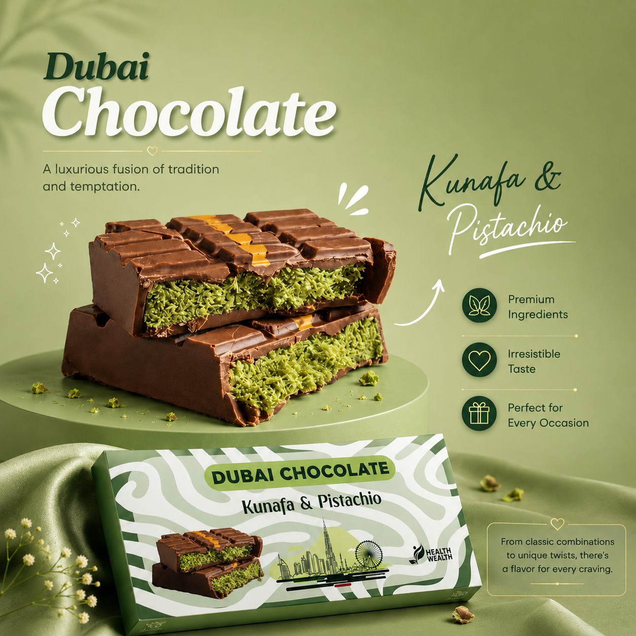 Dubai Chocolate Health Wealth  Pistachio & Kunafa 220g