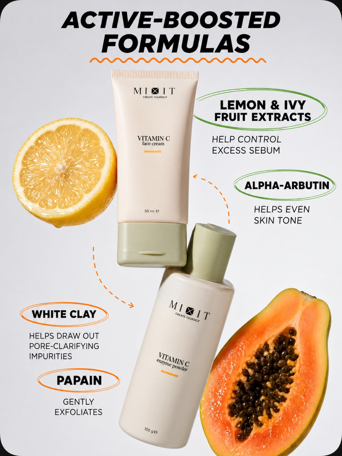 MIXIT Vitamin C Bright Glow Face Care Set, Brightening Enzyme Powder & Ultralight Cream Gift Set