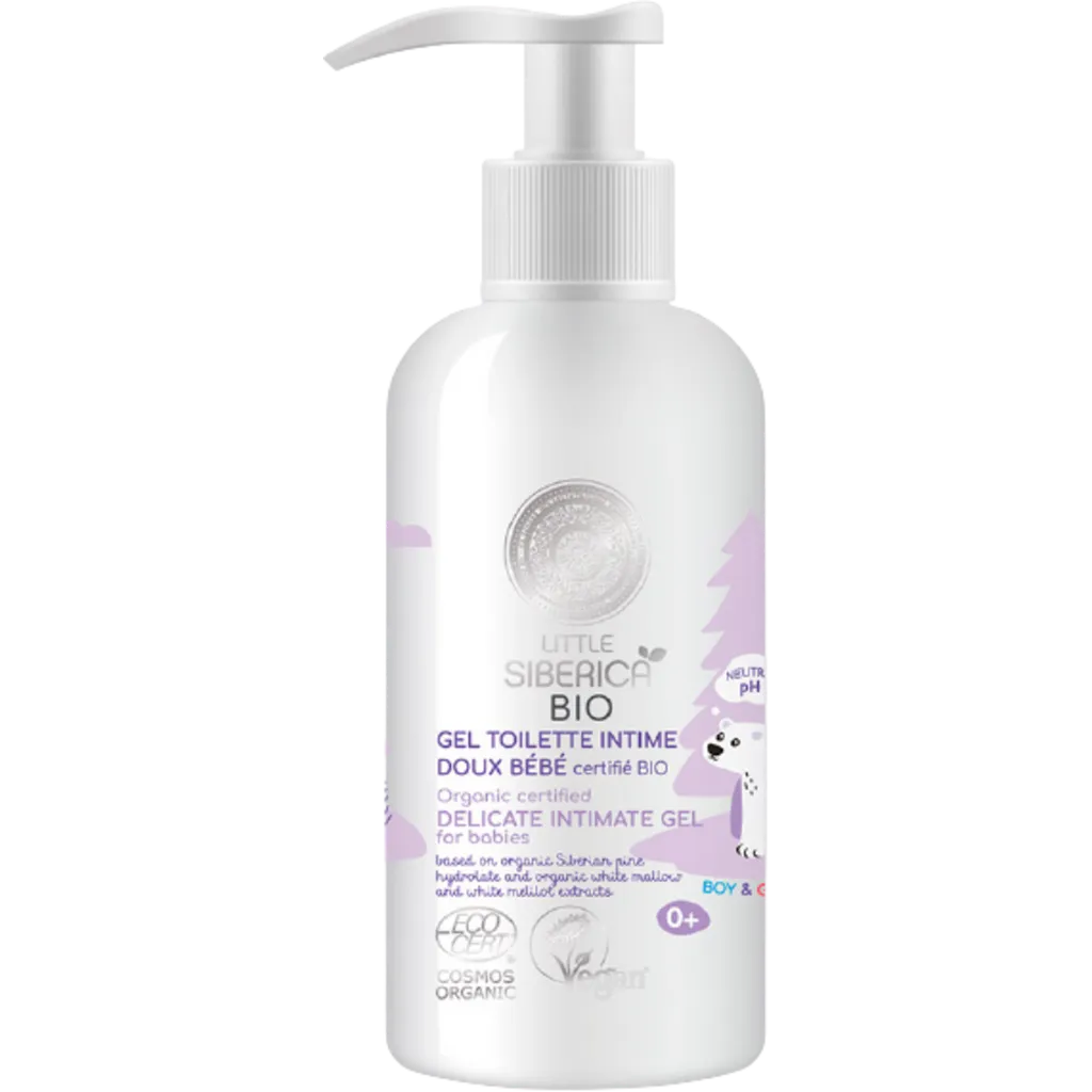 A pump bottle of LS ORG DELIC INTIM GEL BABY, a baby care product, with a label indicating it is an intimate gel for babies.
