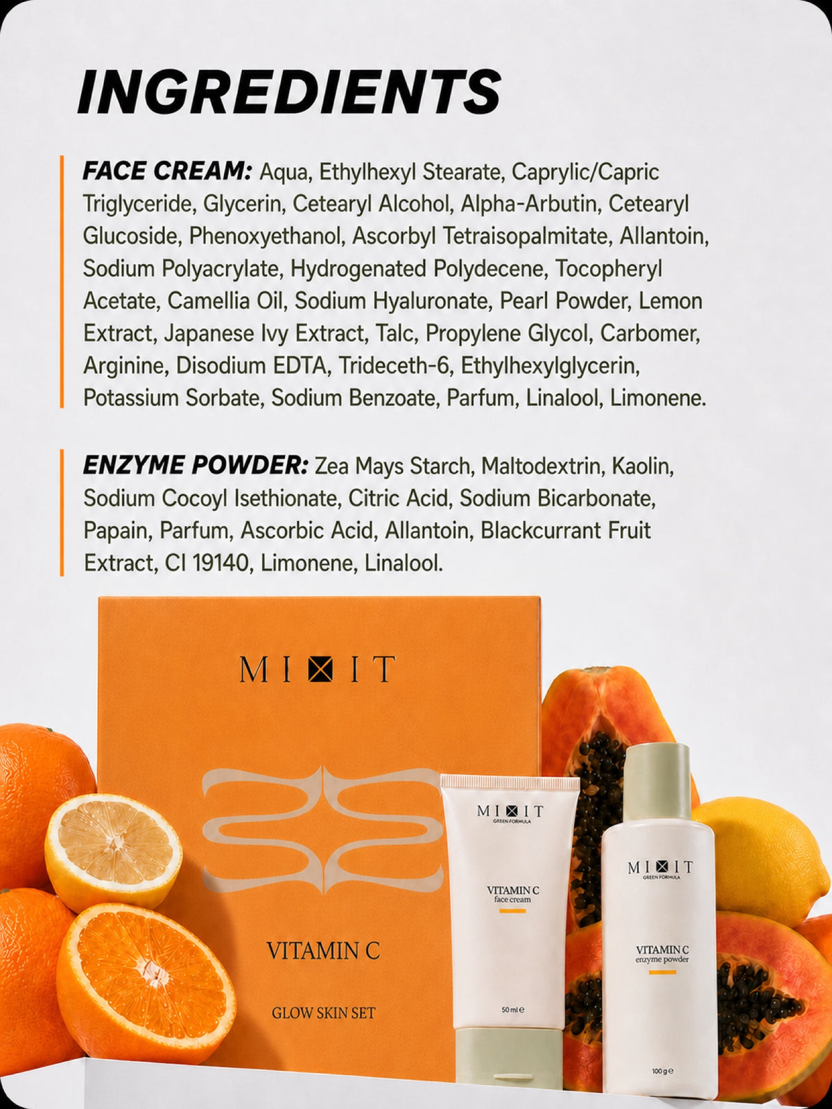 MIXIT Vitamin C Bright Glow Face Care Set, Brightening Enzyme Powder & Ultralight Cream Gift Set