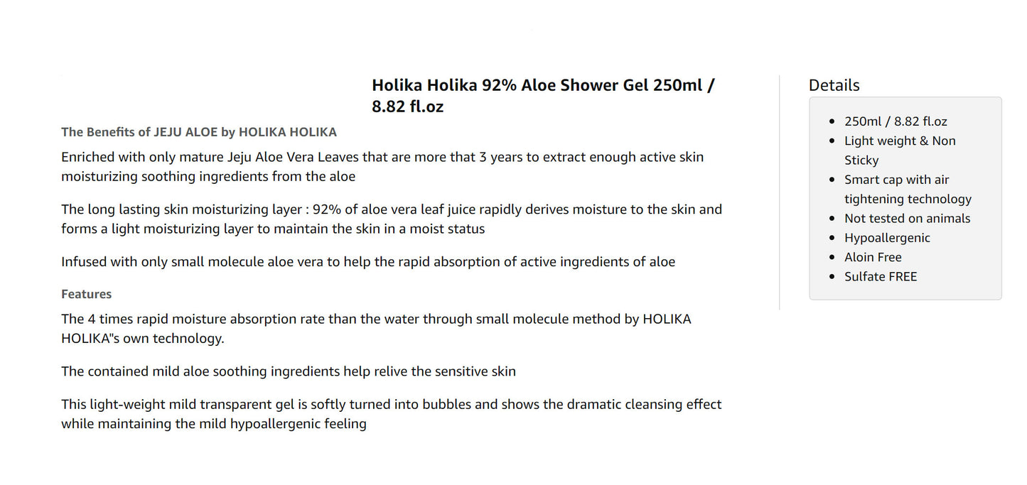 HOLIKA HOLIKA ALOE VERA 92% SHOWER GEL CLEAR 250ML