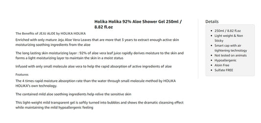 HOLIKA HOLIKA ALOE VERA 92% SHOWER GEL CLEAR 250ML