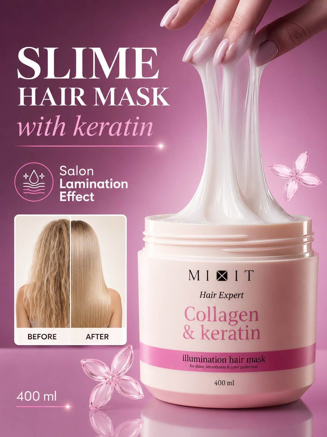 Mixit Collagen & keratin smoothing mask for frizzy hair with salon laminating effect 400ml