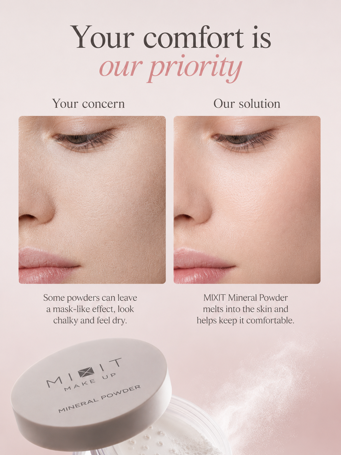 MIXIT Makeup Mineral Powder, Lightweight Mattifying Setting Powder for Oil Control, 30ml