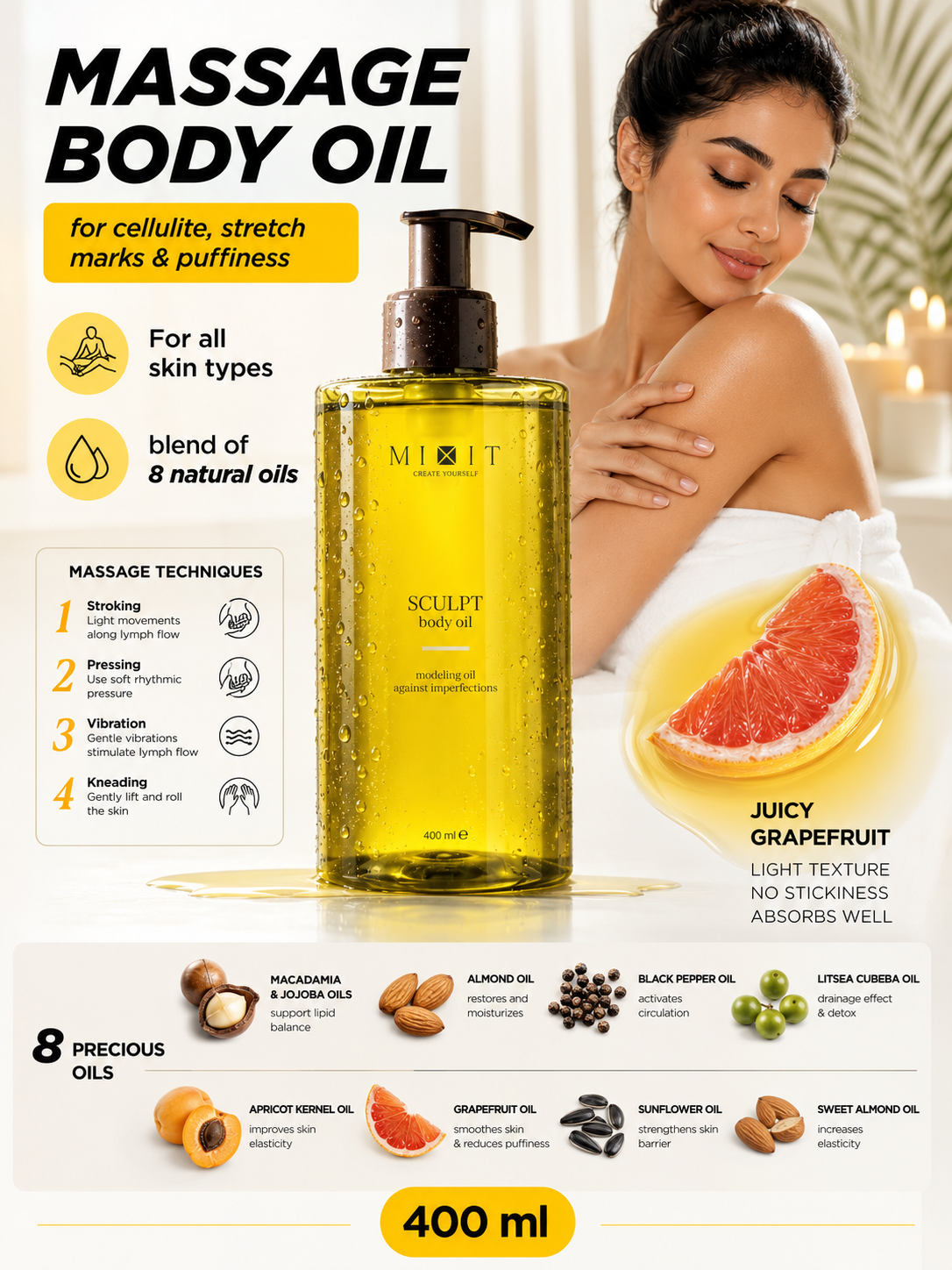 Mixit Sculpting body oil for even complexion and stretch marks 400ml
