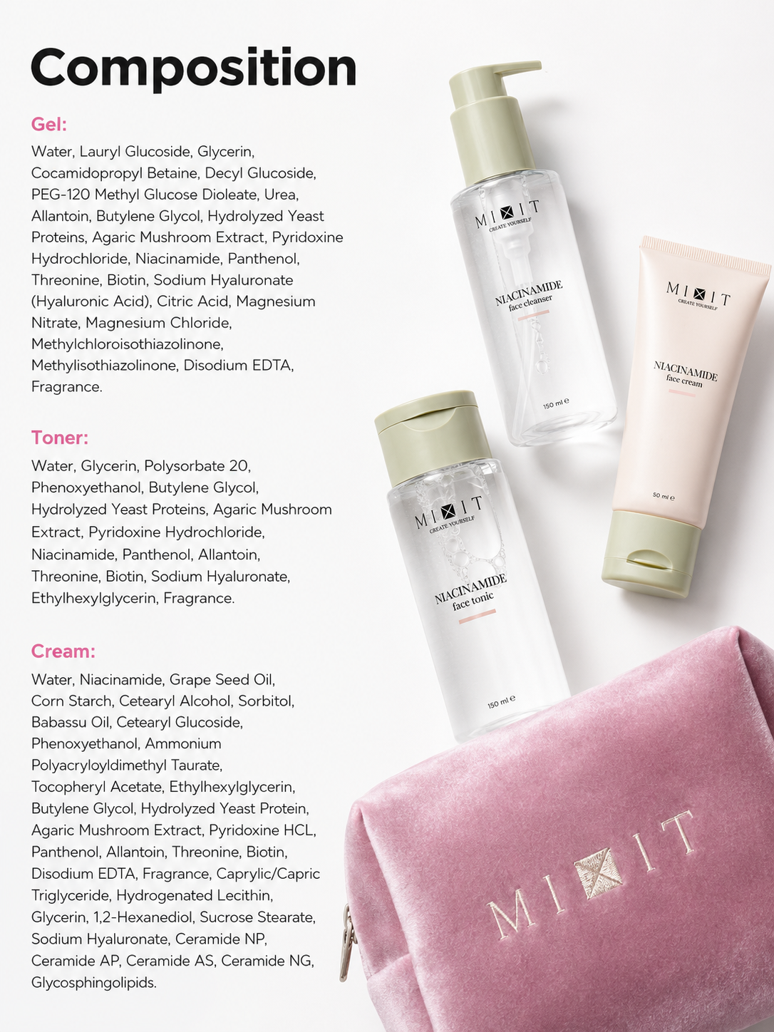 Mixit Niacinamide oil control pore refining face care set (cleanser, tonic, cream)
