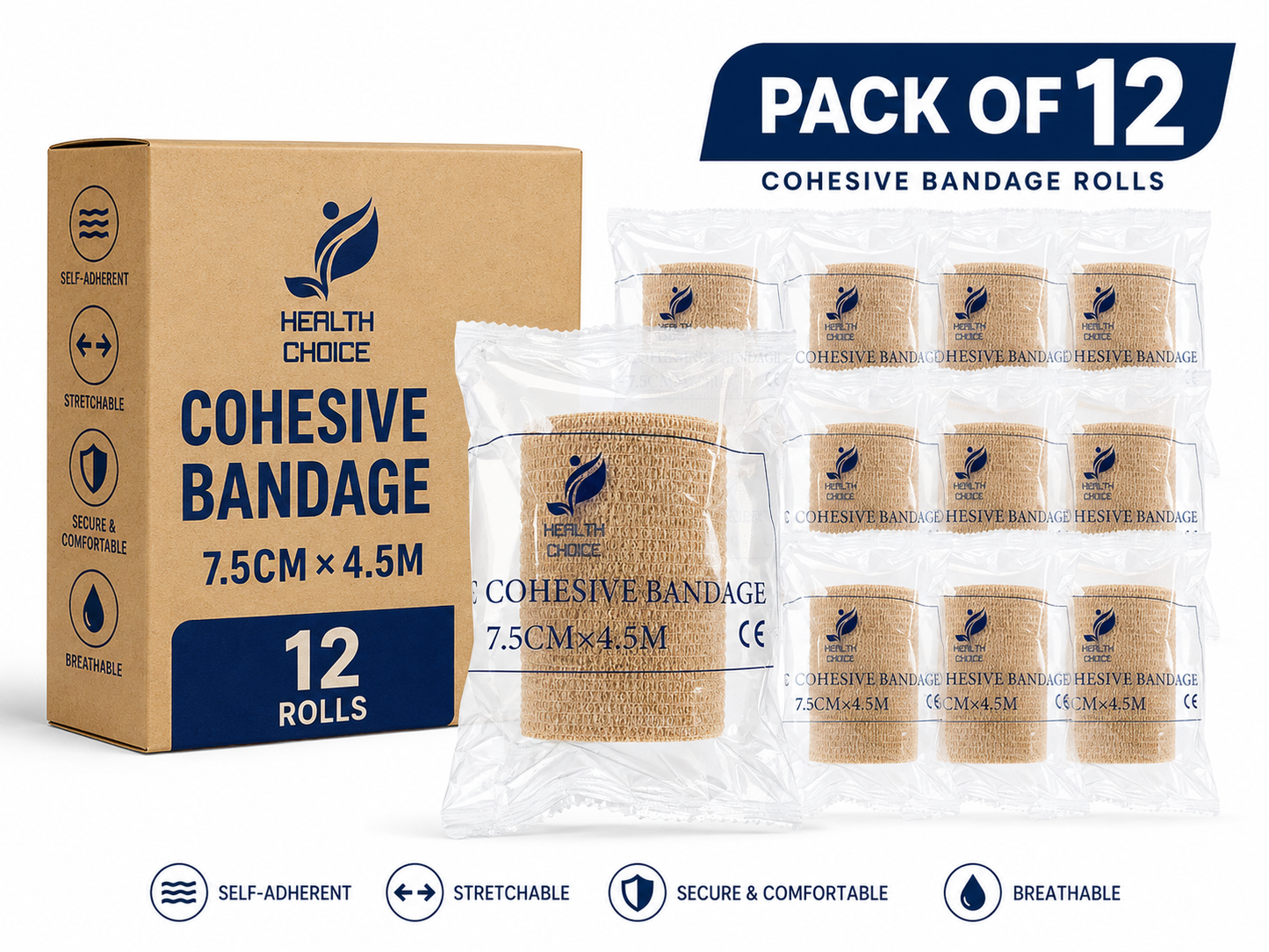 Health Choice Elastic Cohesive Bandage, 7.5 cm x 4.5 cm (Pack of 12)