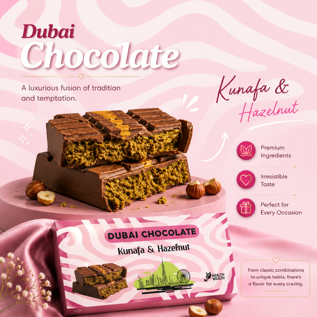 Dubai Chocolate Health Wealth  Hazelnut & Kunafa 220g