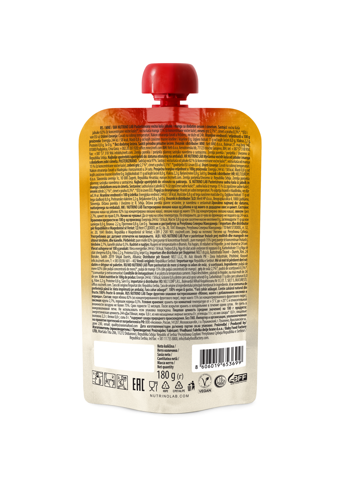 Nutrino Lab Take It Easy MIX 180g, Ready to Eat Puree with Apple, Mango, Oat & Cinnamon