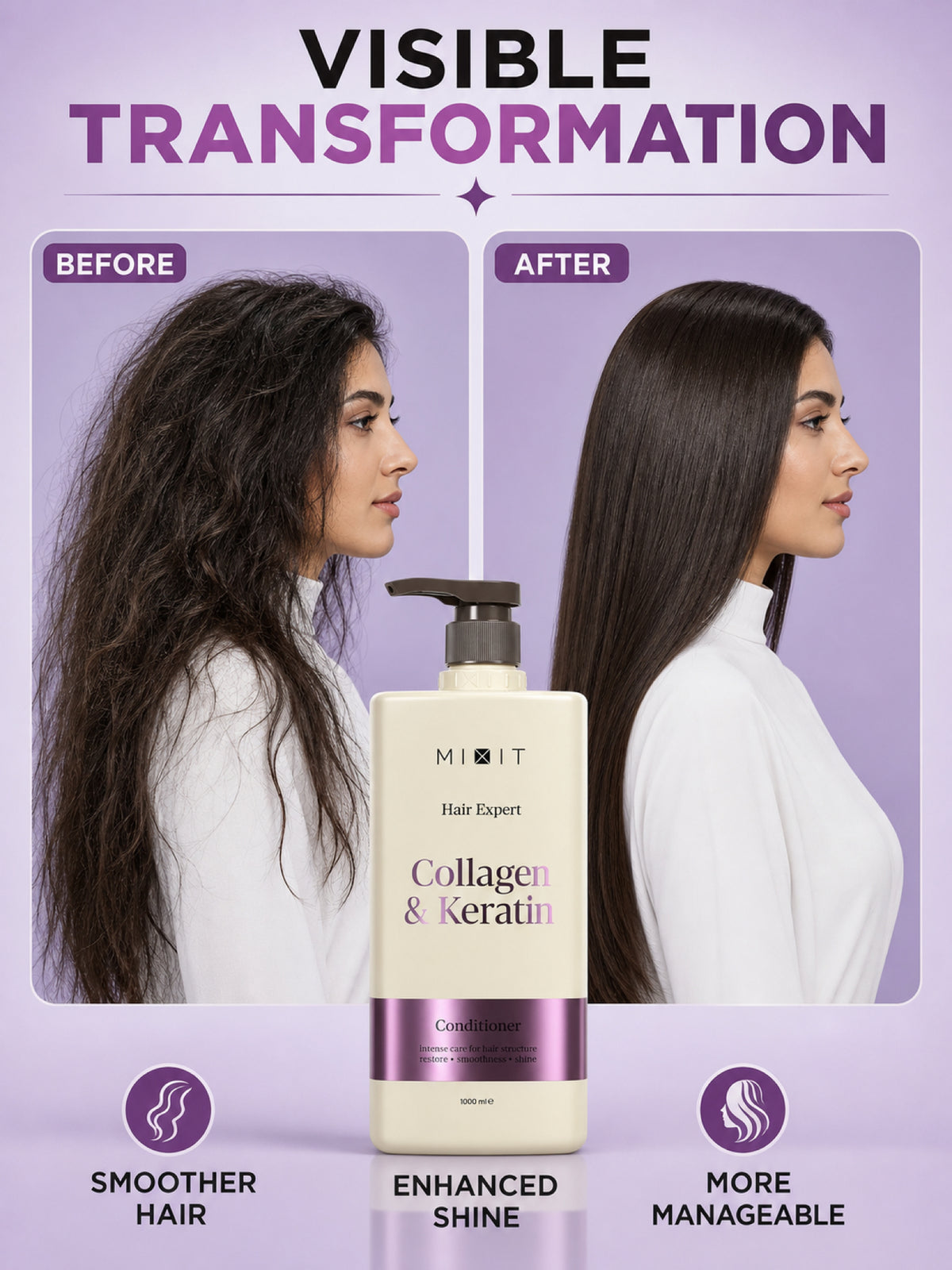 Mixit Collagen & keratin smoothing conditioner for frizzy hair with salon laminating effect 1000ml