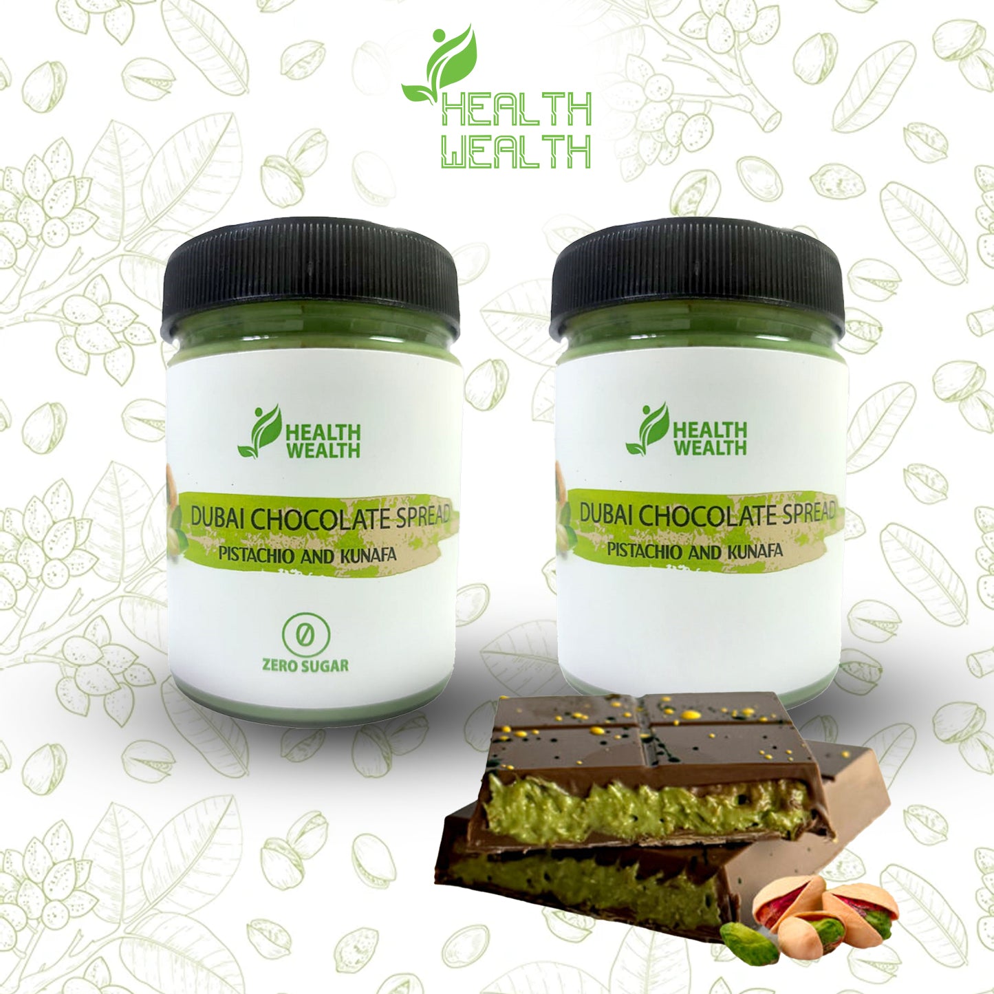 Health Wealth Dubai Chocolate Pistachio Kunafa Spread Sugar Free 200g